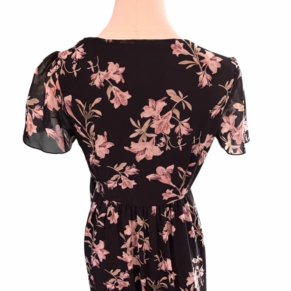Ryan Michelle Floral Wrap Maxi Dress Black Pink Boho Chiffon Flutter Sleeve M - Picture 6 of 15